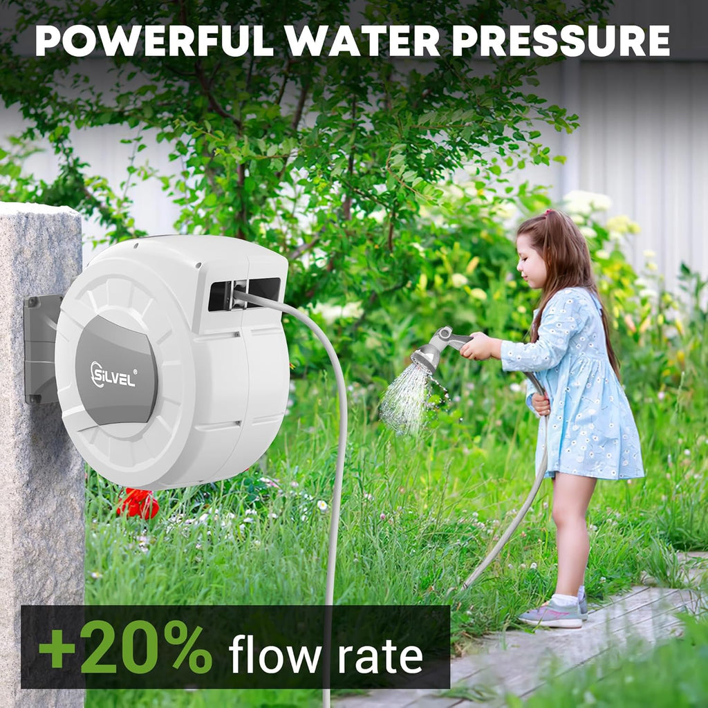 Retractable Garden Hose Reel, 1/2" x 100ft Wall Mount Heavy Duty Automatic Hose Reel with 10 Pattern Nozzle, Any