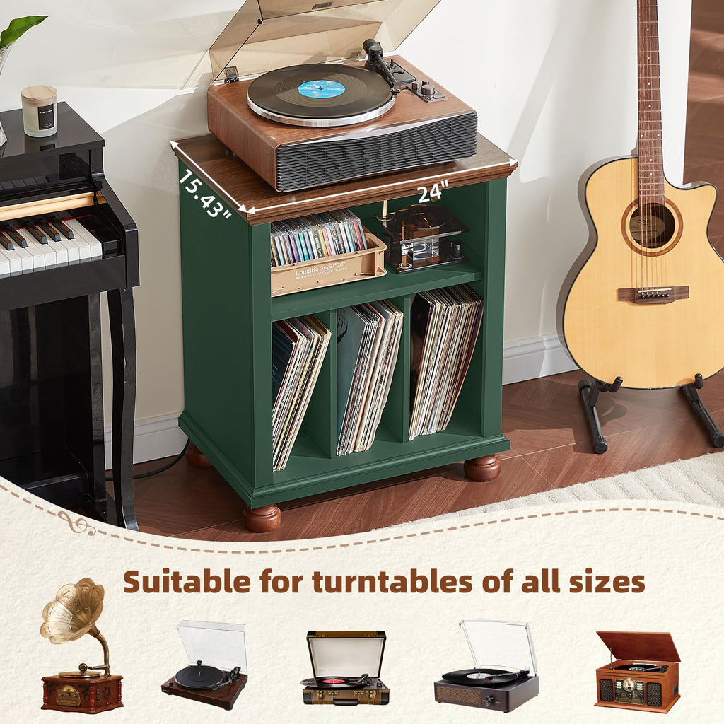 24" Wide Record Player Stand with Charging Station, Green