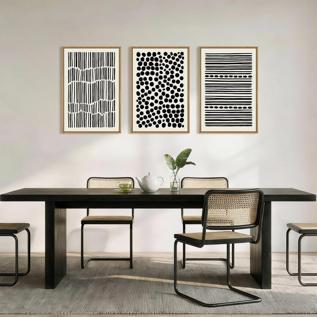 Abstract Black and White Framed Canvas Wall Art Set, Modern Geometric Wall Decor, Minimalist Line Art Prints, Neutral