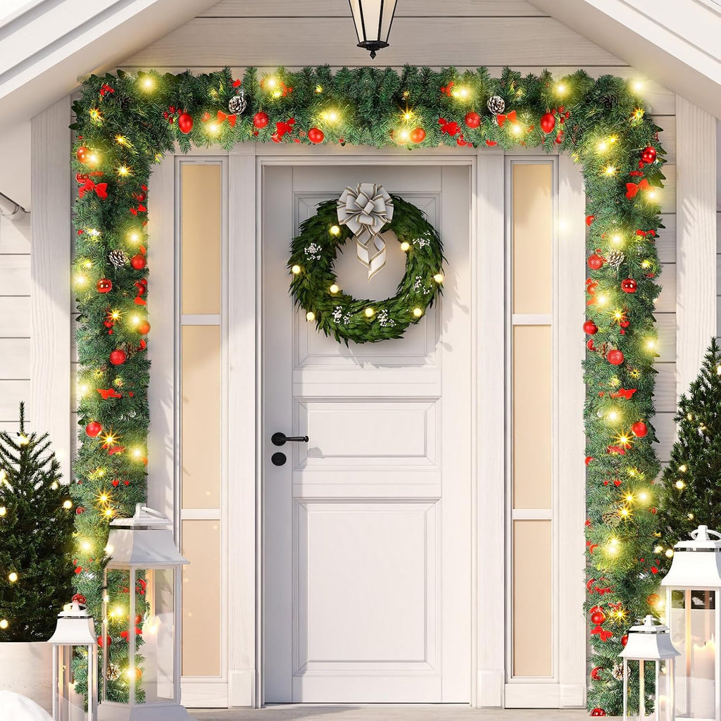 15ft Prelit Christmas Garland with 100 LED Light,Berry Bow Garland