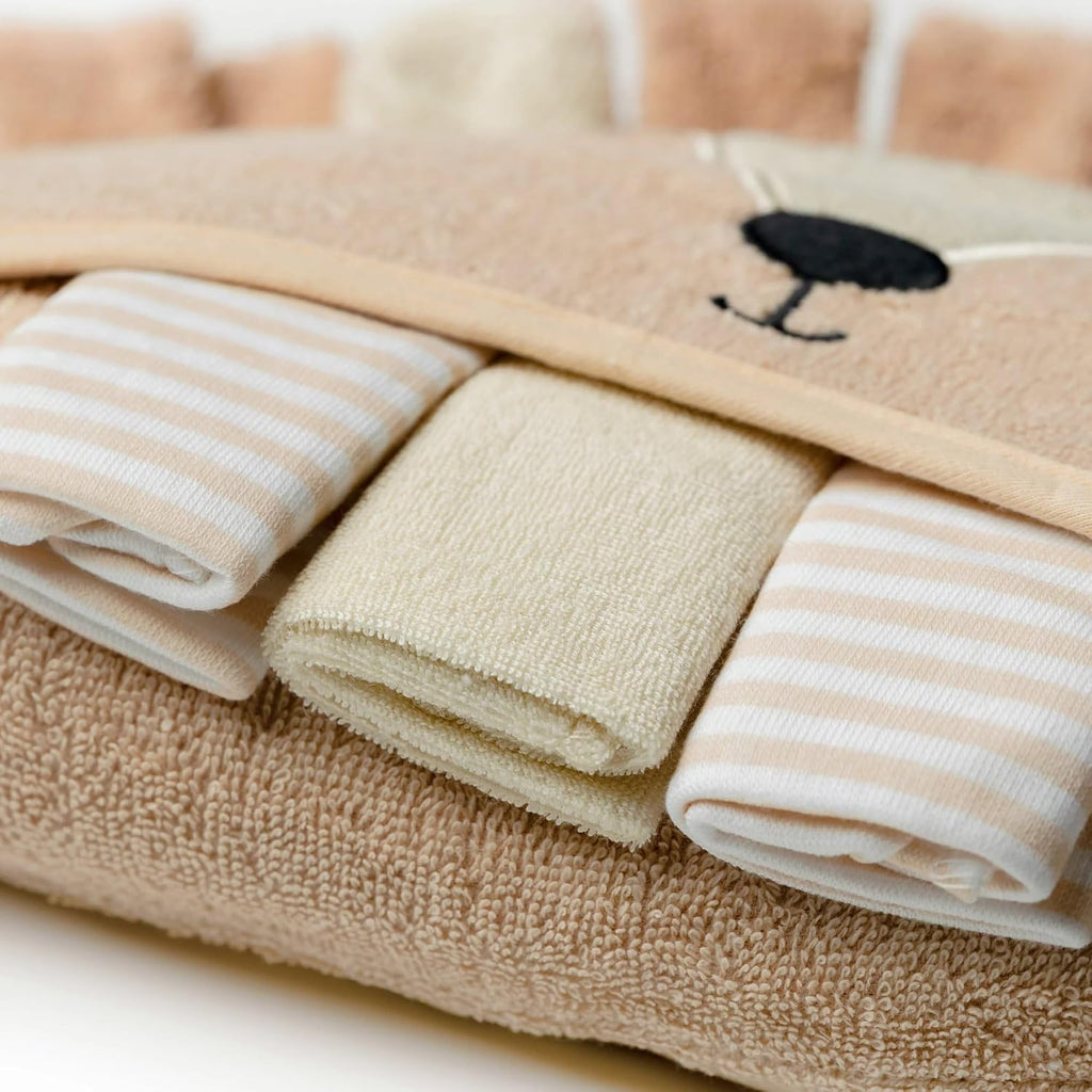 Baby 4 Piece Animal Character Hooded Towel and Washcloth Set, Brown Lion, One Size