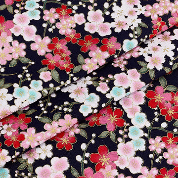 1.1 Yards x 58.3 Inch Black Japanese Cotton Fabric, Japanese Sakura Floral Printed Fabrics, Cherry Blossom Cotton DIY