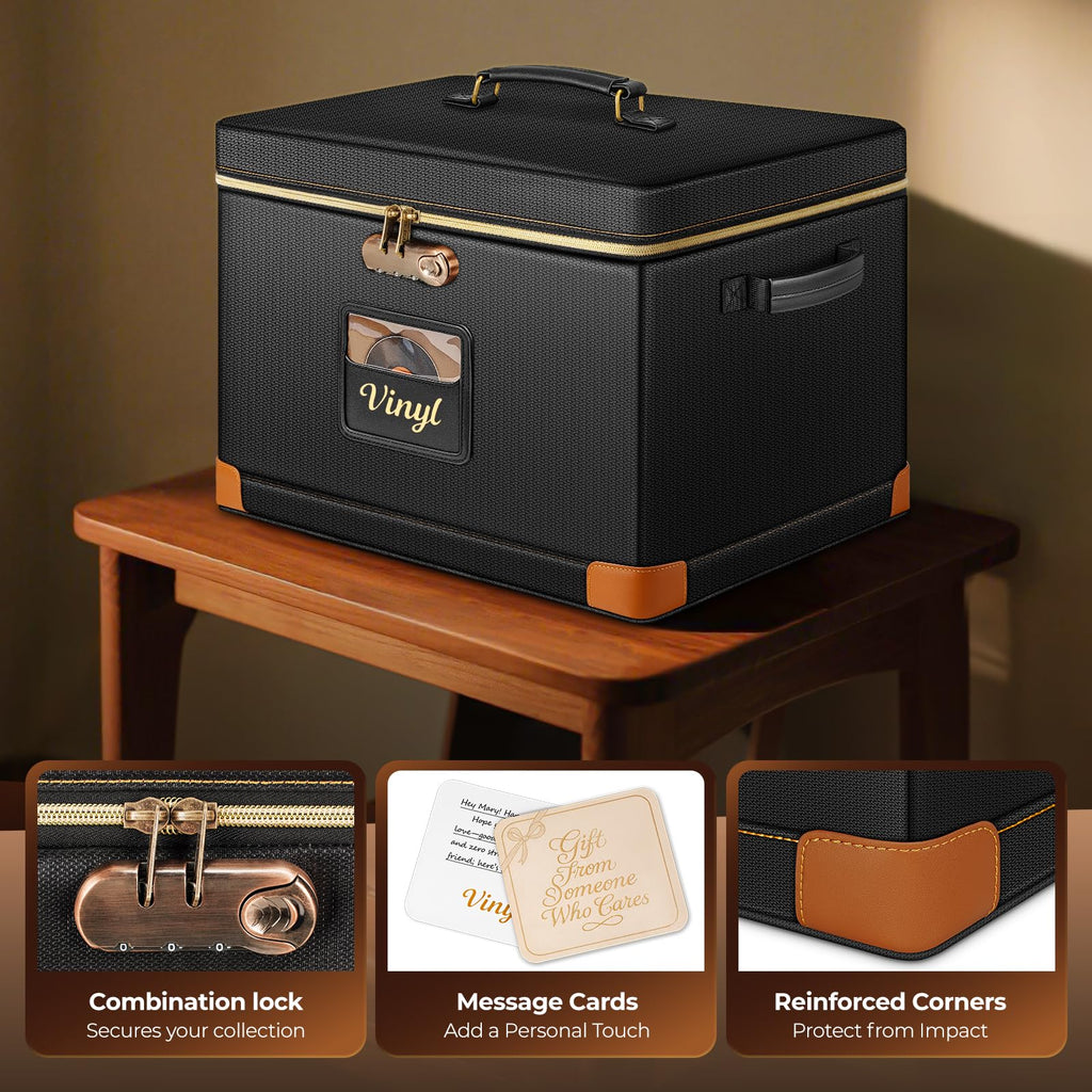 Vinyl Record Storage Box with Lock, Fireproof & Water-Resistant