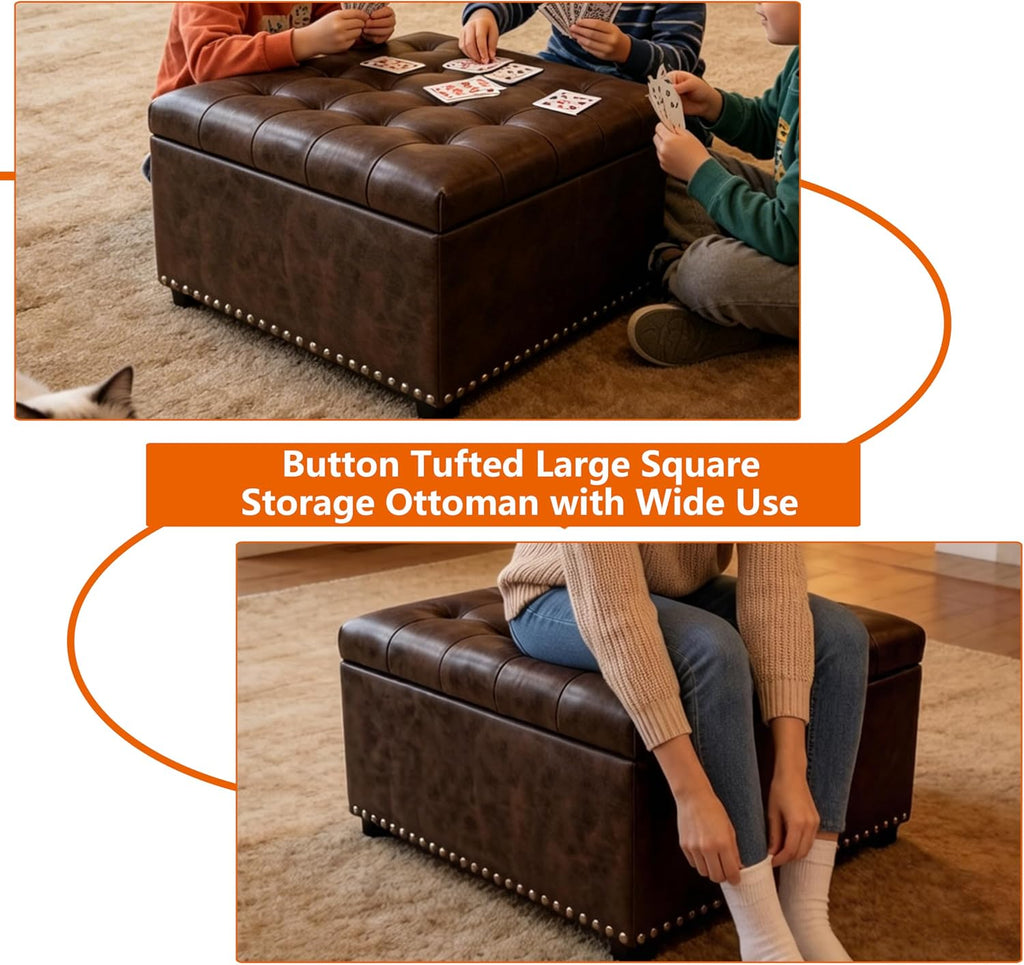 Brown PU Leather Large Square Storage Ottoman with Nailhead Trim ,30" Vintage Faux Leather Upholstered Ottoman Coffee