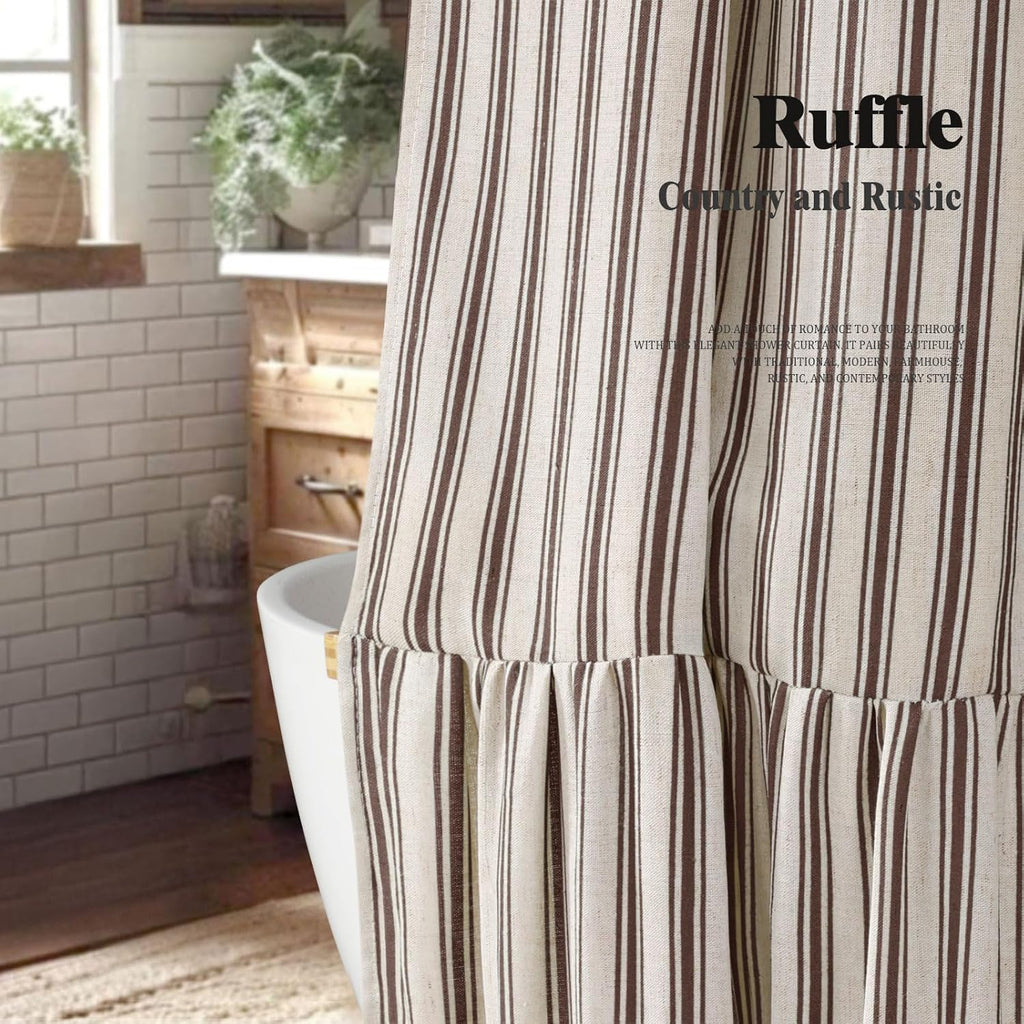 Farmhouse Linen Shower Curtain with Ruffle Hem, Cream & Brown Stripe — 72"W x 96"L Extra Long