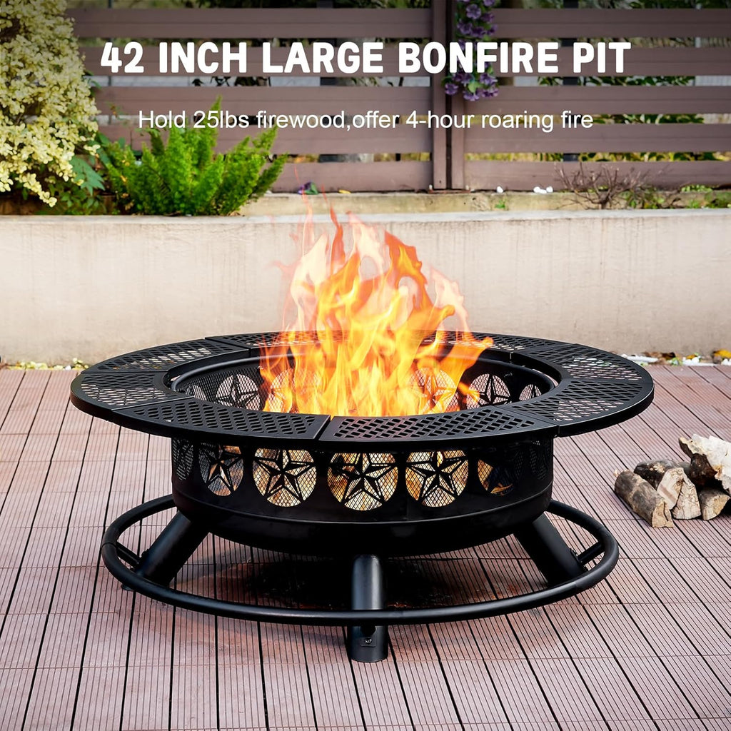 42 Inch BBQ Fire Pit with 2 Grills,3-in-1 Outdoor Round Metal Fire Pit Table with Lid,Fire Poker,Large Outdoor Wood