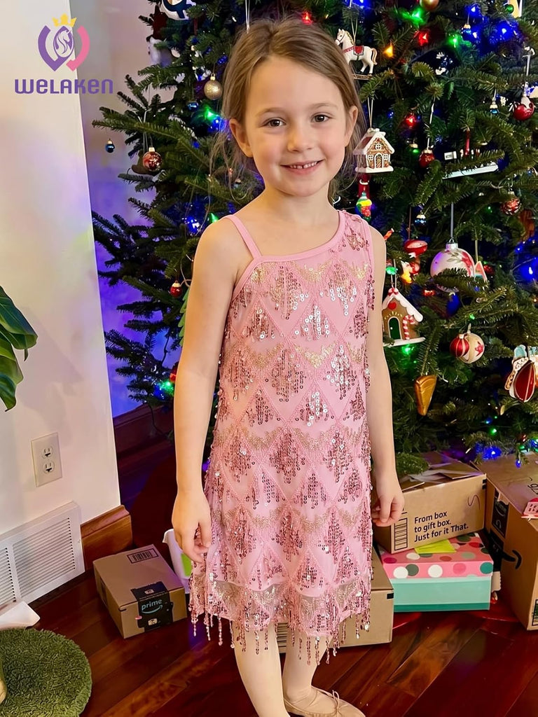Girls One Shoulder Sequin Fringe Flapper Dress with Side Zipper