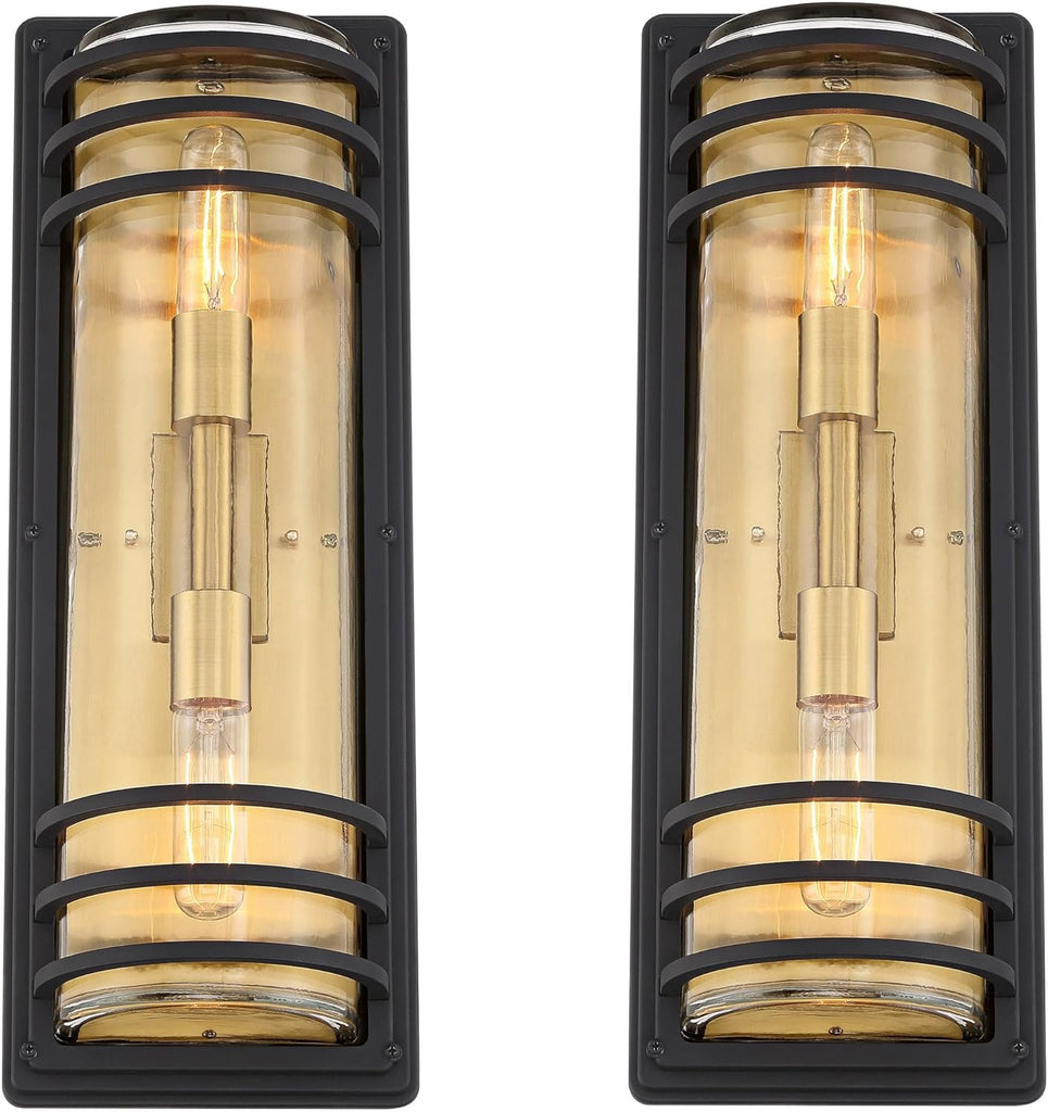 21" High Modern Industrial Outdoor Wall Light Fixture Mount Porch House Exterior Outside Lantern Set of 2 2-Light Weatherproof Black and Brass Finish Clear Glass Shade A123-B0DYNGZ3TS