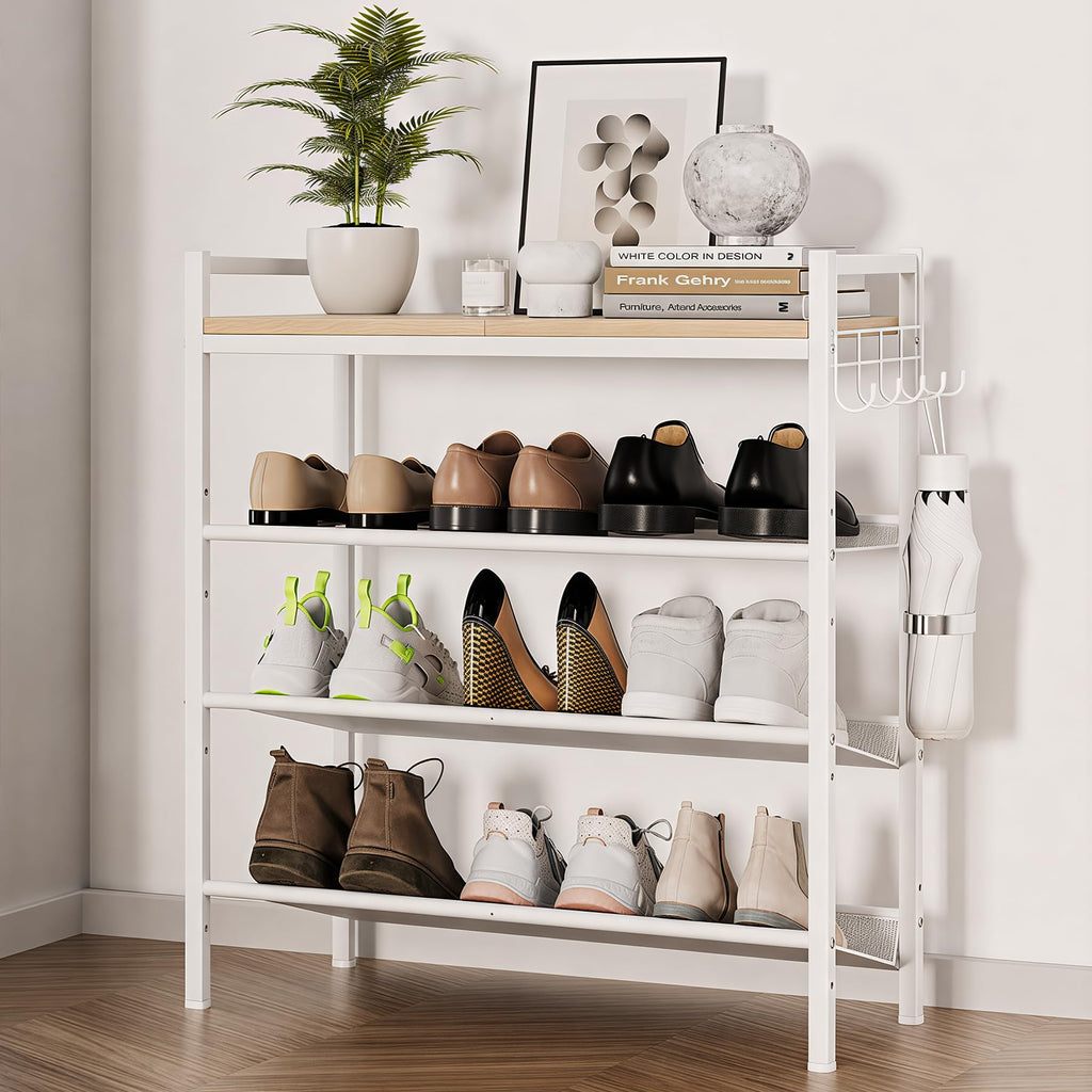 4 Tier Shoe Rack, Shoe Rack with Hook, Shoe Organizer with Adjustable Mesh Shelves, Metal Shoe Storage, Closet