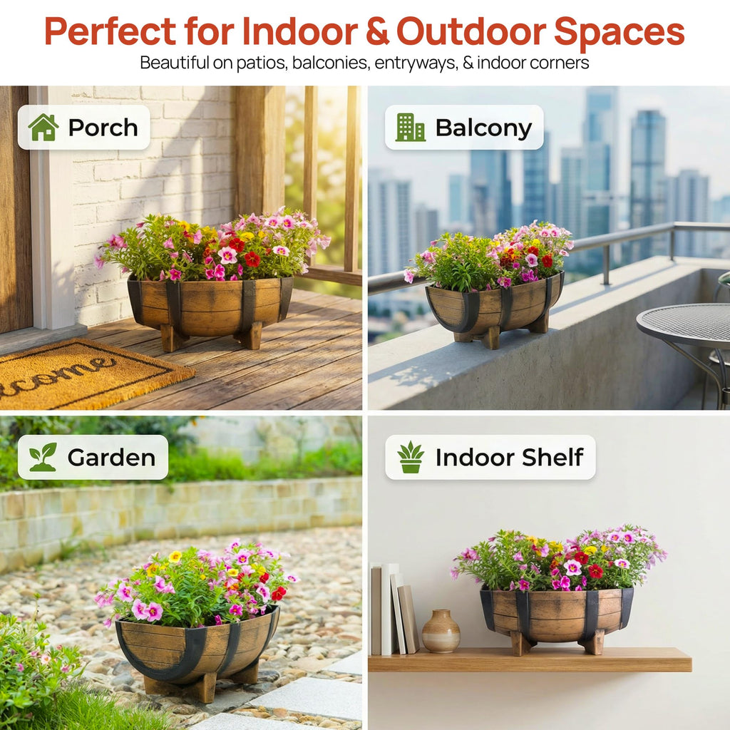 2-Piece Rectangular Half Barrel Flower Pots for Garden and Patio