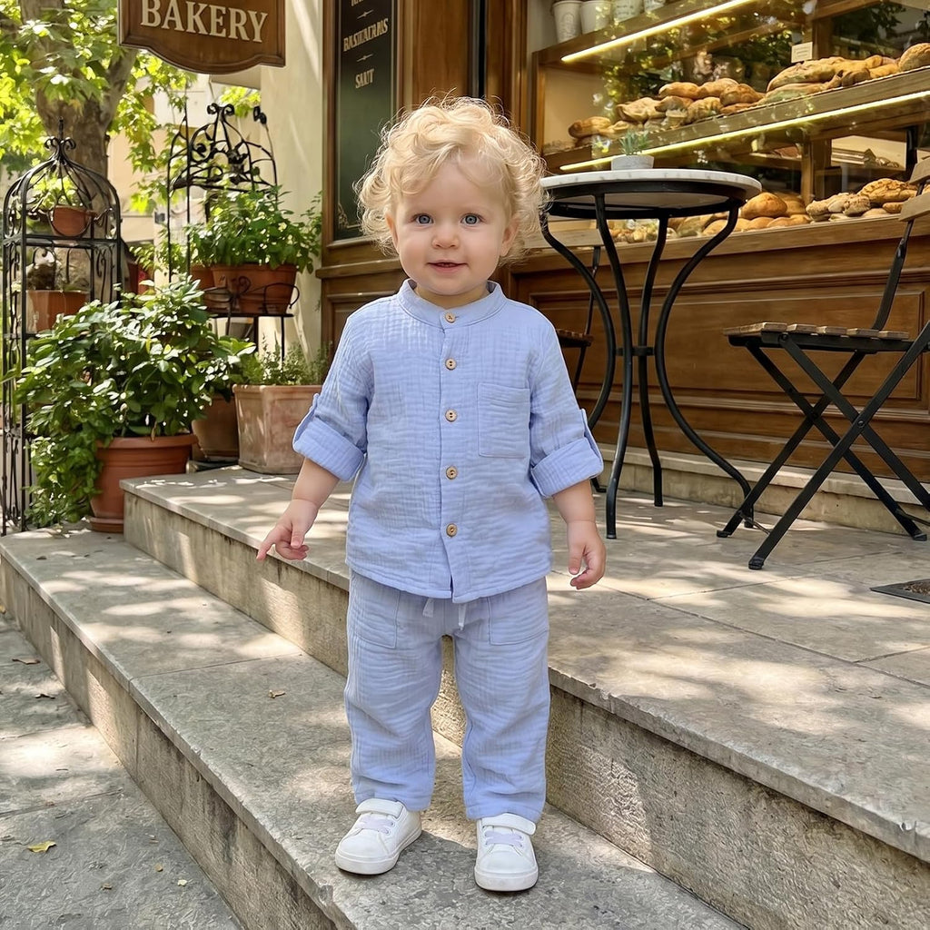 Baby Boy Cotton Linen Outfit Fall Winter Long Sleeve Button Down Henley Shirt Linen Pants Toddler Boys Clothes Set