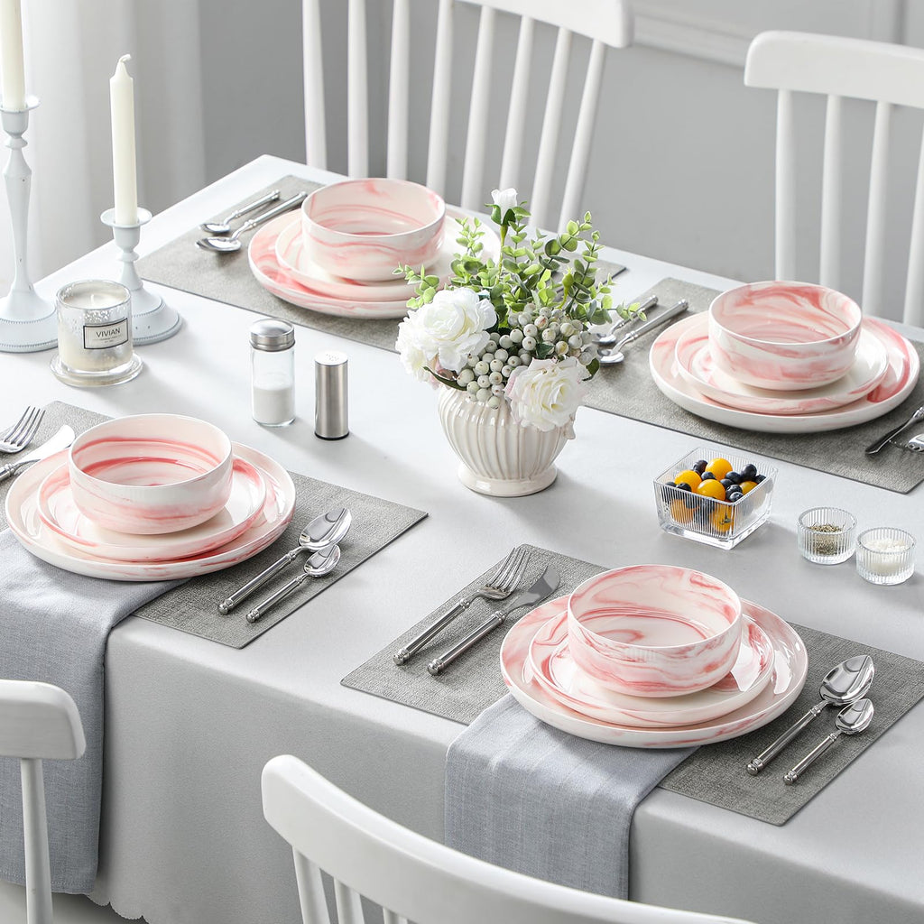 12 Pcs Porcelain Plates and Bowls Sets,Dinnerware Set for 4,Pink