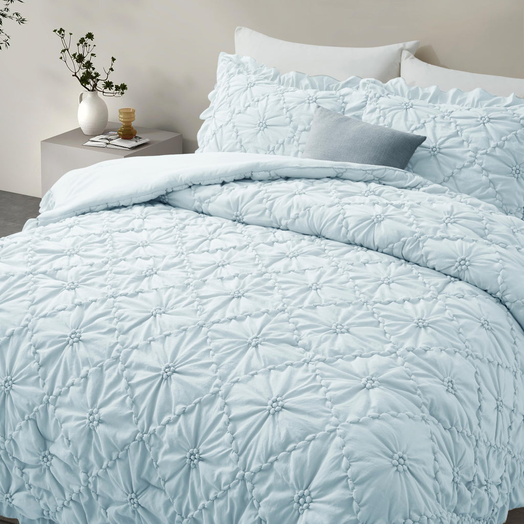 Comforter Set, Cornflower Blue Pinch Pleat Ruffle, 3 Pieces
