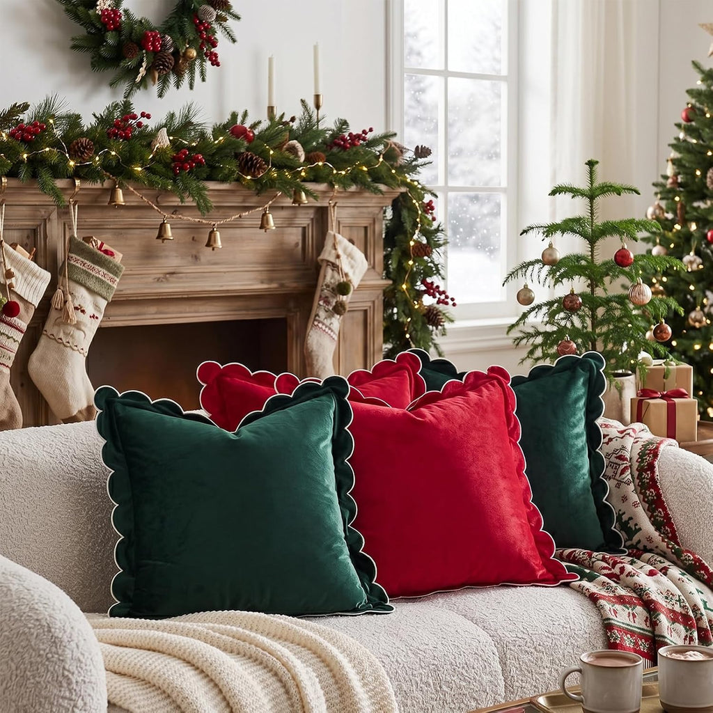 Christmas Pillow Covers 18x18 Inch Red Holiday Throw Pillow Covers Scalloped Ruffle Velvet Couch Pillows - Set of 2