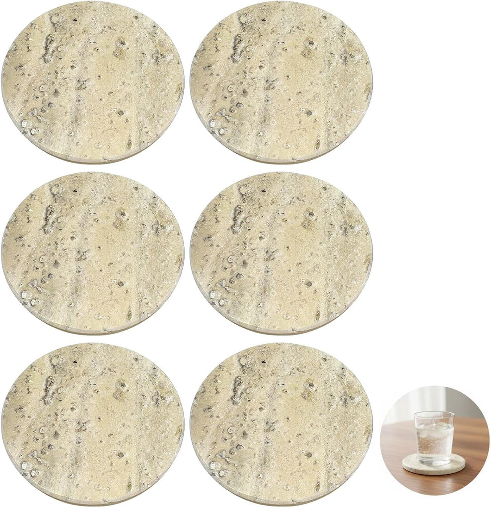 Marble Coasters Set, 3.9 in Round Natural Beige Stone Drink Coasters with Cork Base, 0.5 in Thick - Set of 6