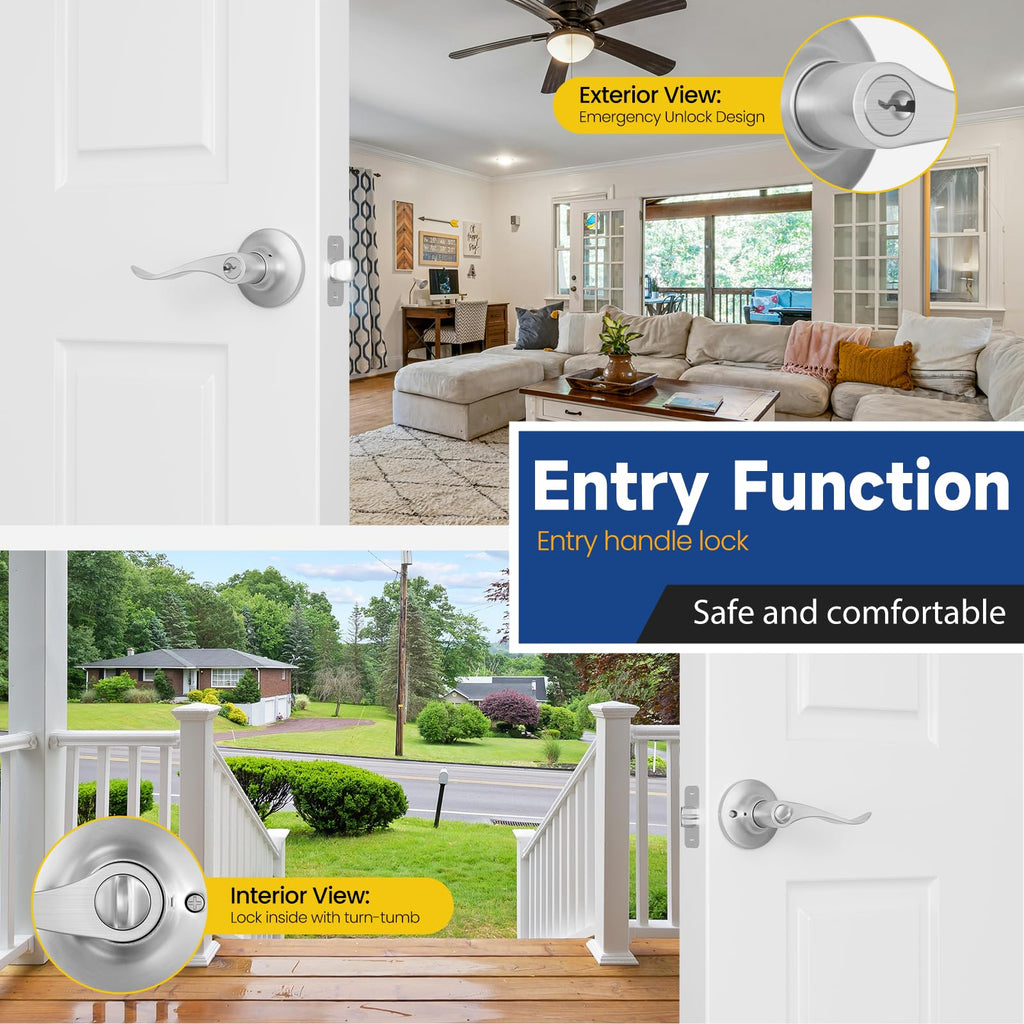 Keyed Entry Door Lever, Door Handle with Lock and Key, Exterior & Interior Door Handle , Wave Style Lever Satin