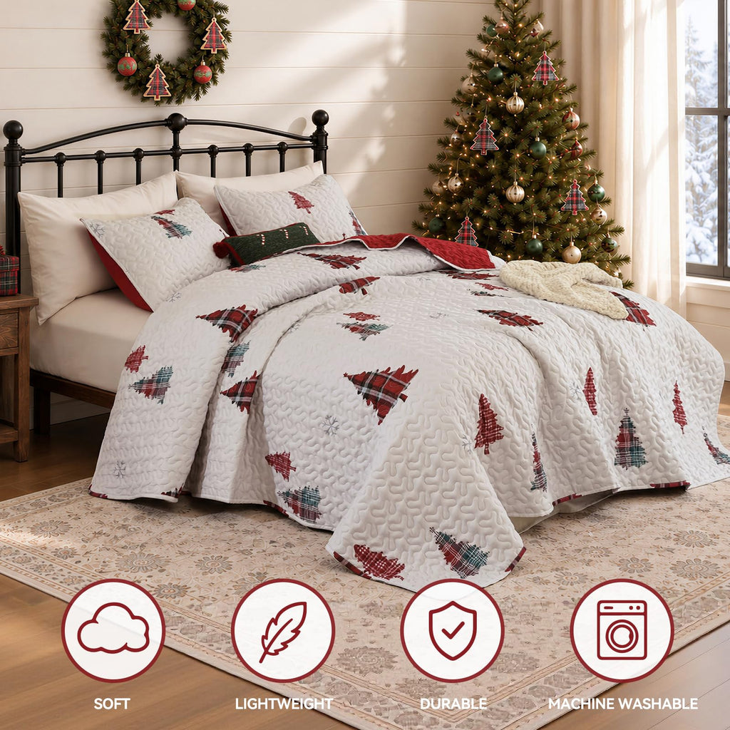 Christmas Tree Quilt Set Queen Size, Red Plaid Christmas Bedding