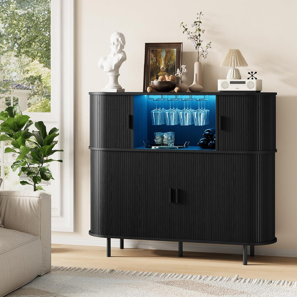 55" Fluted Wine Bar Cabinet with Power Outlet Black | Large Coffee Bar, Liquor Whiskey Cabinet, Home Bar, with LED