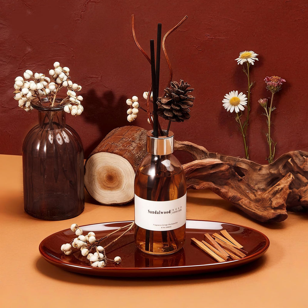 Reed Diffuser Set, 6.7 oz Sandalwood Scented Diffuser with Sticks, Home Fragrance Reed Diffuser Shelf Decor