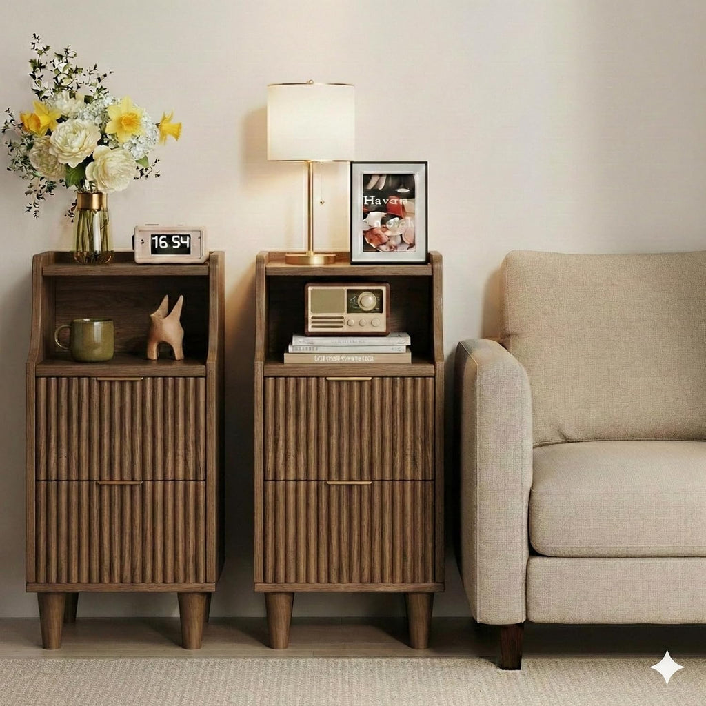 11.8" Narrow Fluted Nightstand Set of 2,Slim Side End Table with 2 Drawers,Mid-Century Modern Bedside Table,Skinny