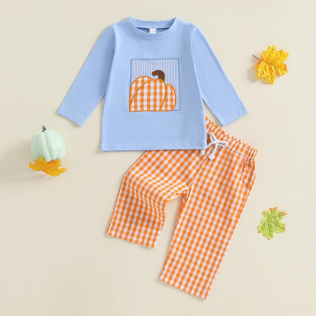 Toddler Baby Boy Fall Clothes Embroidery Shirt Top Elastic Waist Plaid Pants Set Trendy 2 Piece Outfit