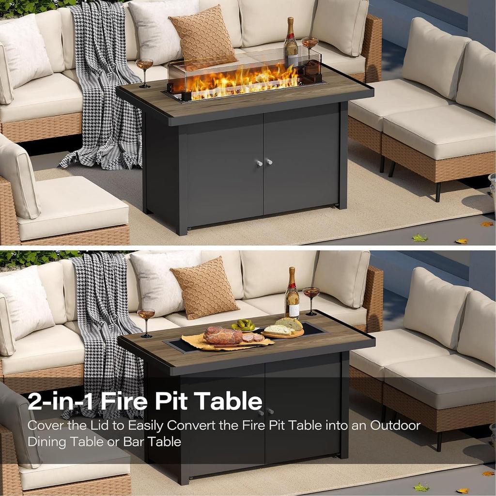 Propane Fire Pit Table 43 Inch with Lid, 55,000 BTU Gas Fire Pits for Outside Patio with Glass Wind Guard