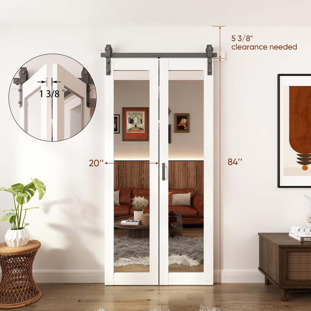 40x84 Mirrored Bifold Barn Door, White, Hardware Kit