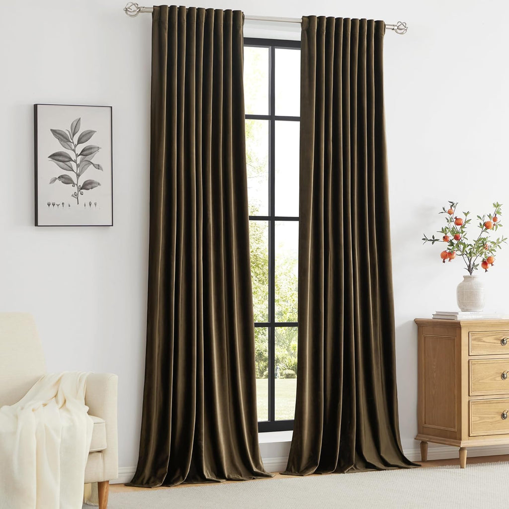 Brown Velvet Curtains 96 inch Long,Set of 2 Panels Blackout Rod Pocket Back Tab Window Treatment Room Darkening Heavy
