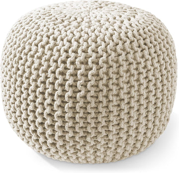 Round Pouf Ottoman, Natural - 20" Diameter x 14.5" High Cotton Knit Foot Stool - Boho Floor Pouffe