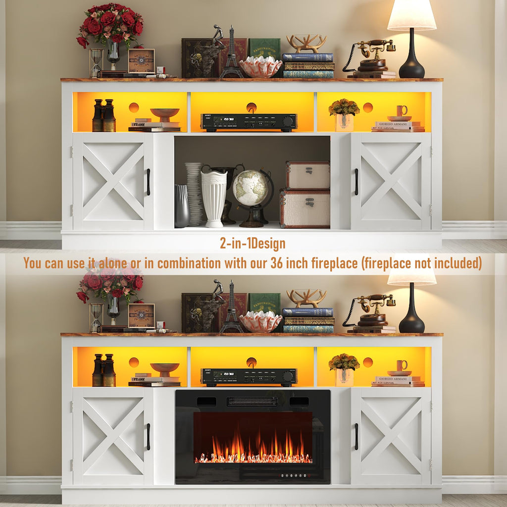 Farmhouse TV Stand for 70/75/80 Inch TV, 32"Tall Entertainment Center w/LED Light, Large Media Console Cabinet w/Barn
