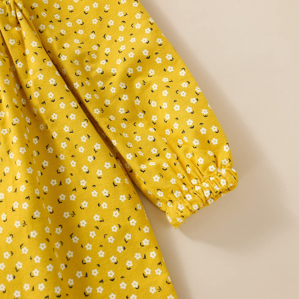 Toddler Baby Girls Floral Dress Long Sleeve Cotton Dress Fall Winter Midi Dress Little Girl Dress Yellow