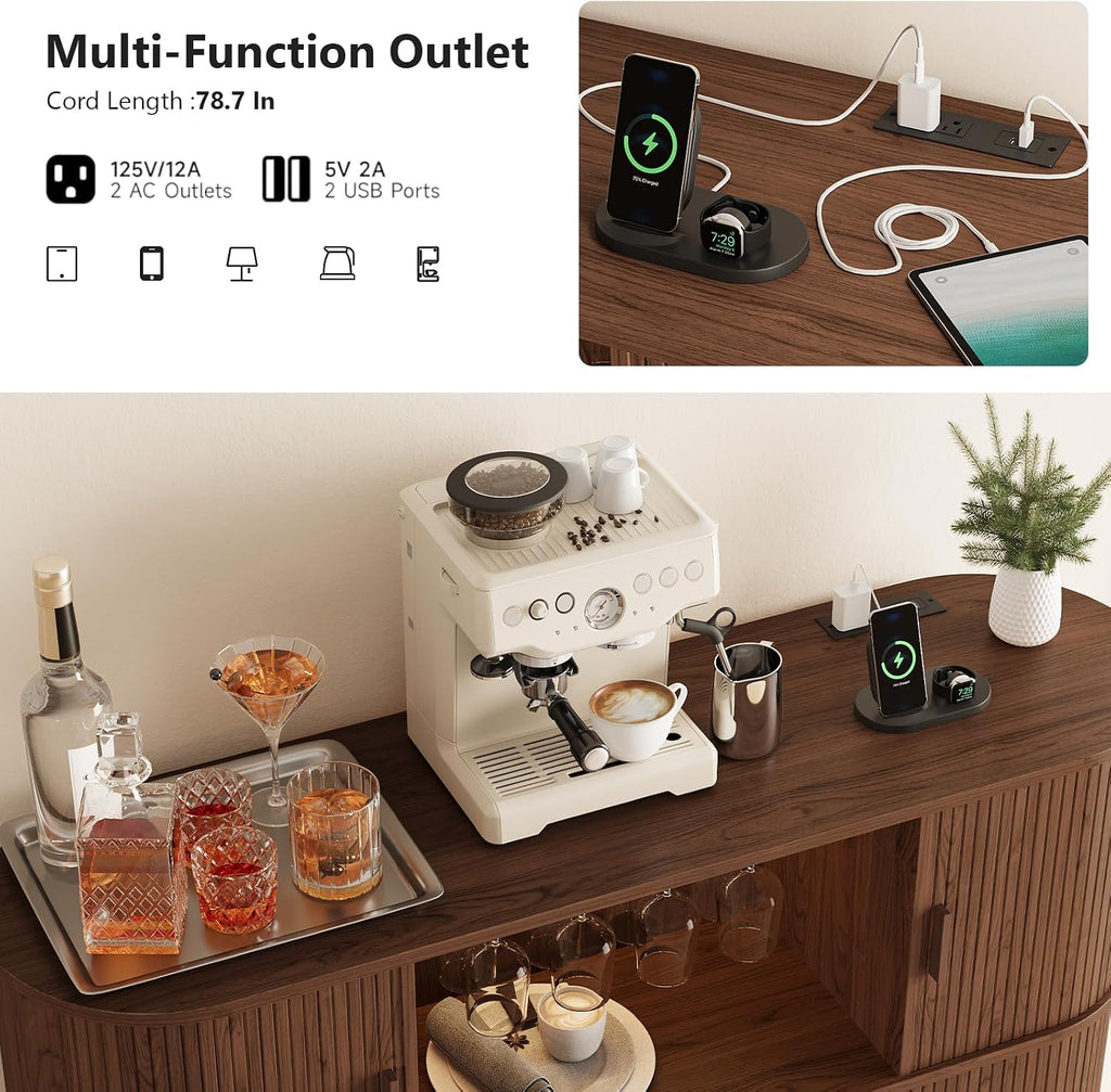 55" Fluted Wine Bar Cabinet with Power Outlet Walnut | Large Coffee Bar, Liquor Whiskey Cabinet, Home Bar, with LED