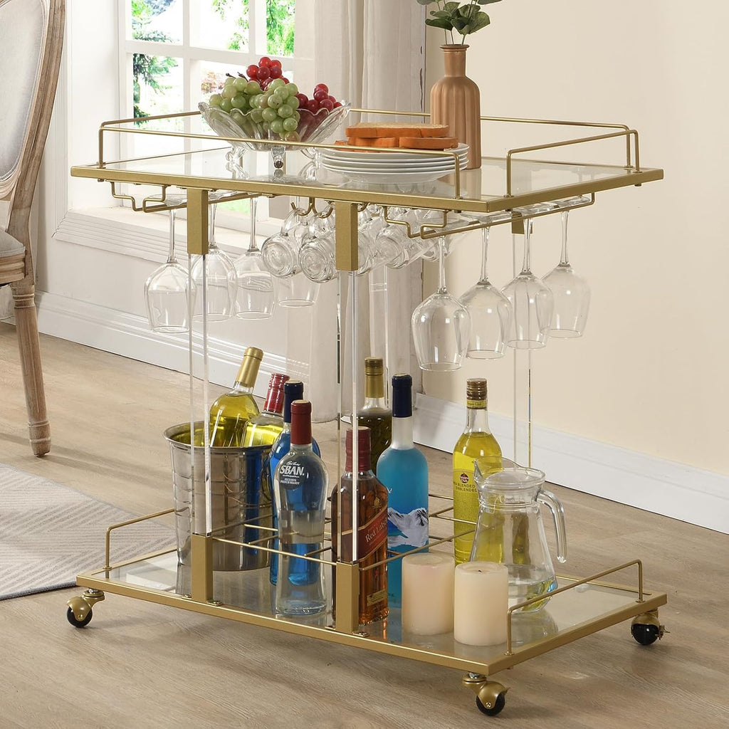 Bar Cart Bar Chrome Serving Cart with Wine Rack 2-Tier Acrylic Rolling Bar Carts on Wheels Clear Dessert Cart Lucite