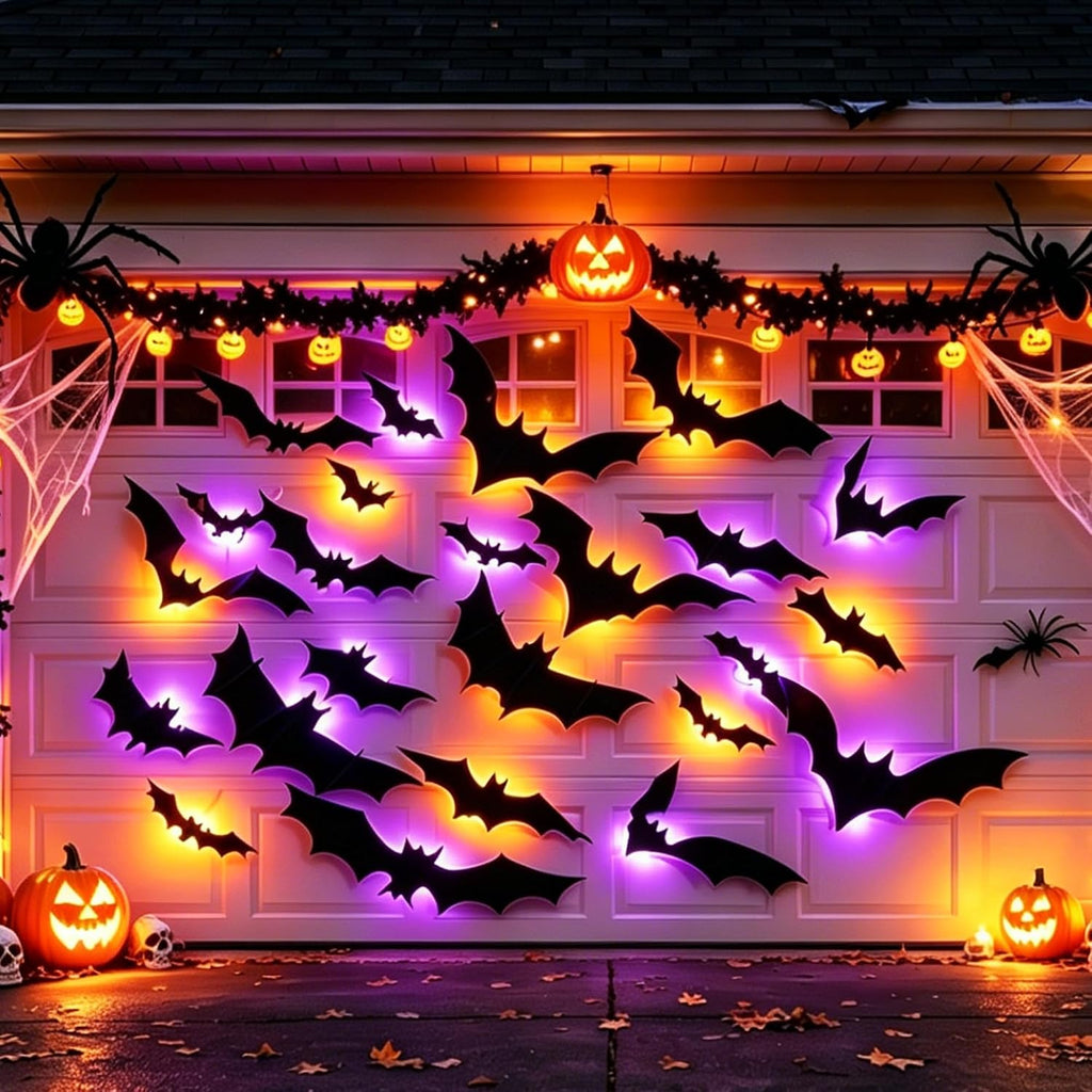 Halloween Bats Stickers with 60 Purple and Orange Lights, Lighted 3D Bat Wall Stickers, Halloween Decorations - Set of 100