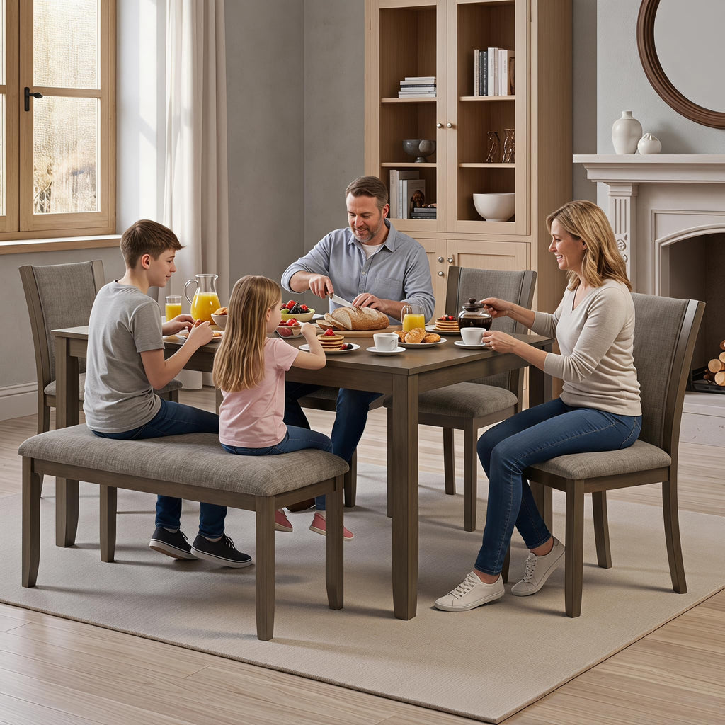 6 Piece Farmhouse Dining Table Set, Wooden Dinner Table Set for 6, 58.5" Rectangular Table, 4 Upholstered Linen