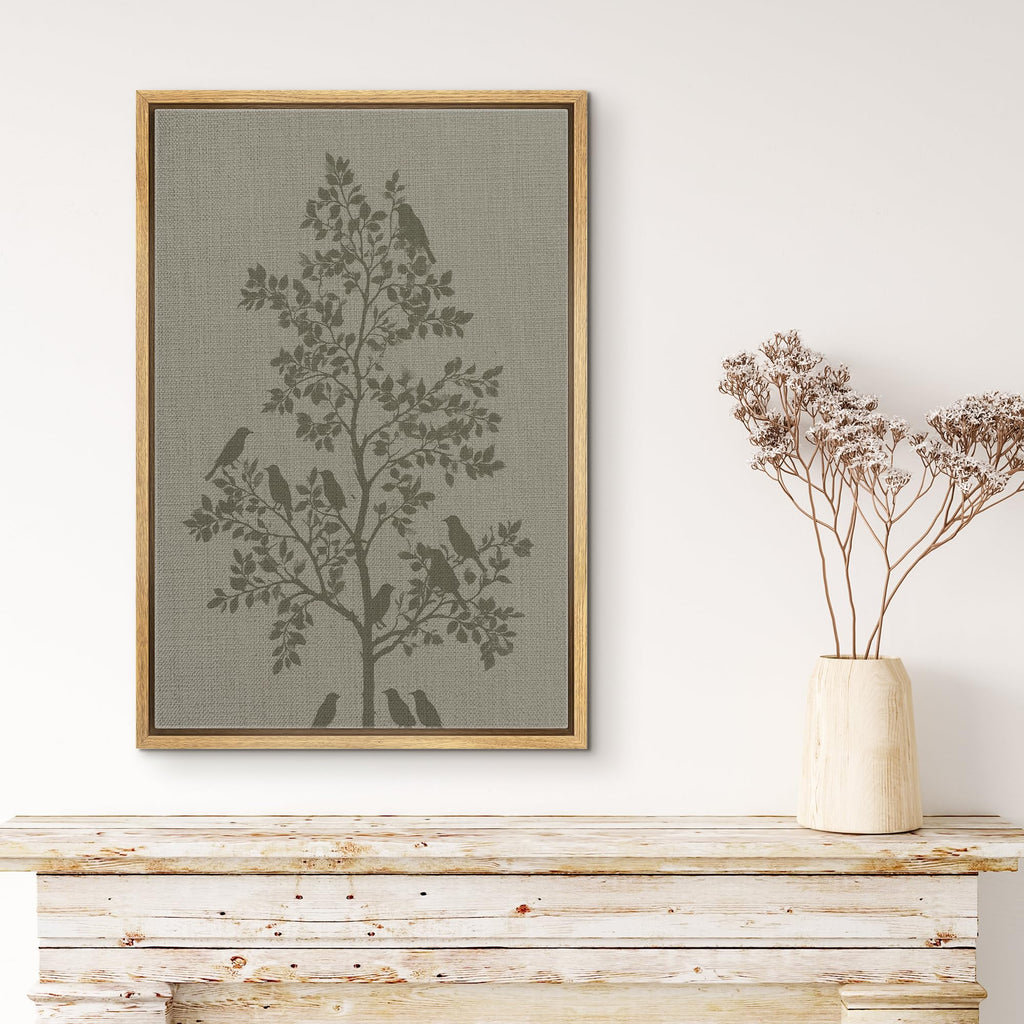 Framed Canvas Print Wall Art Birds On Tree Linen Texture Silhouette Illustrations Fine Art Mid-Century - 16"x24"