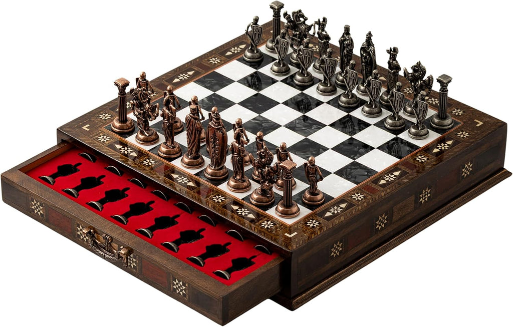 Luxury Handmade Wooden Chess Set with Metal Pieces - 12.2'' Decorative Storage Chess Board - British Themed Chess