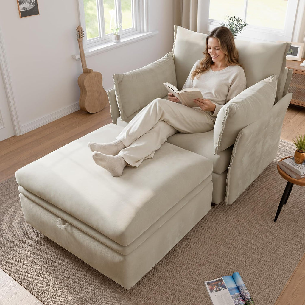 Oversized Velvet Accent Chair with Removable Covers, Extra Deep Seat & Wide Reading Chair with 2 Pillows , High Back
