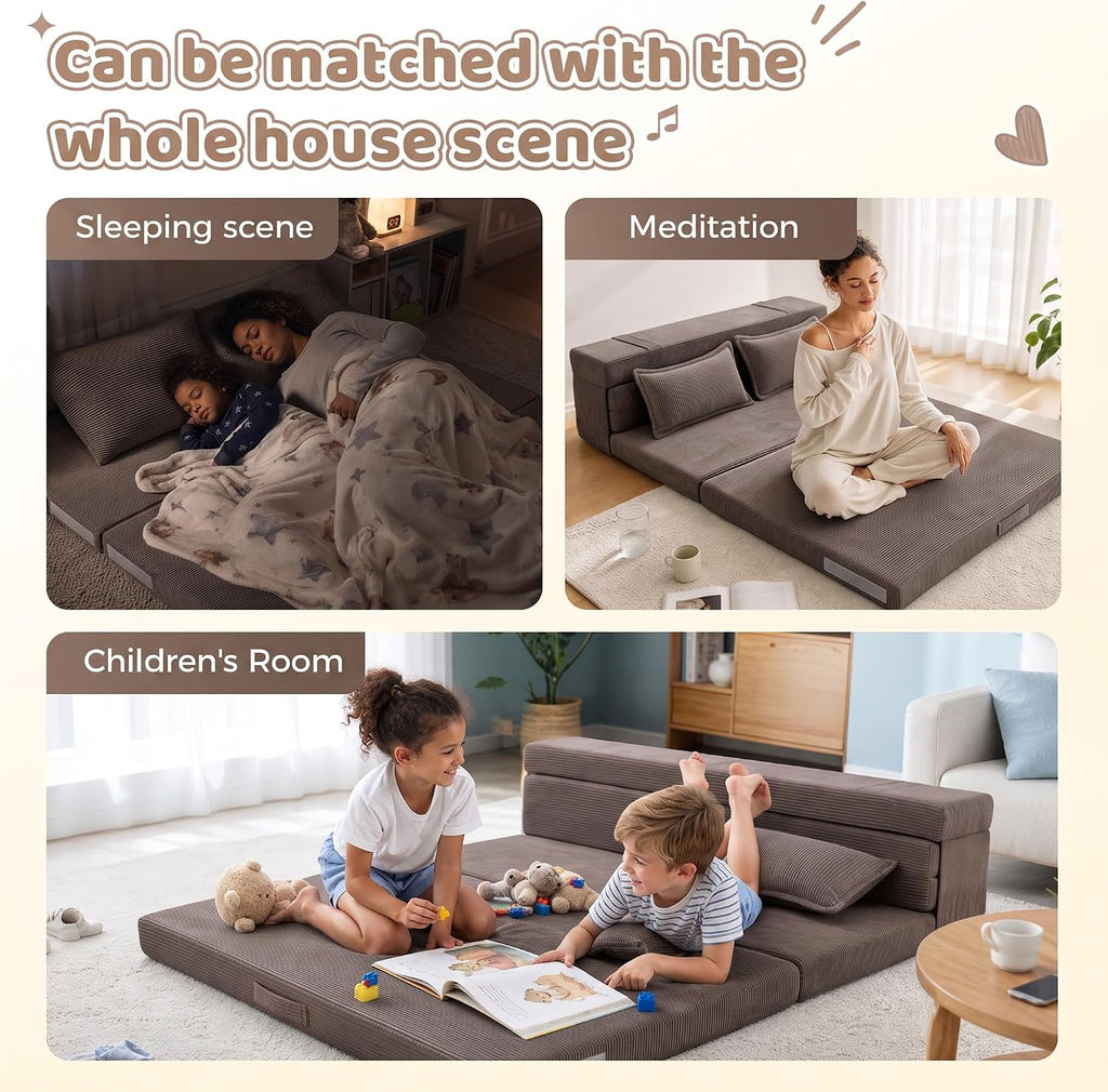 Tri-Fold Futon Mattress, Foldable Japanese Floor Sleep Mattress, High-Density Foam Tatami Bed Mat with Corduroy