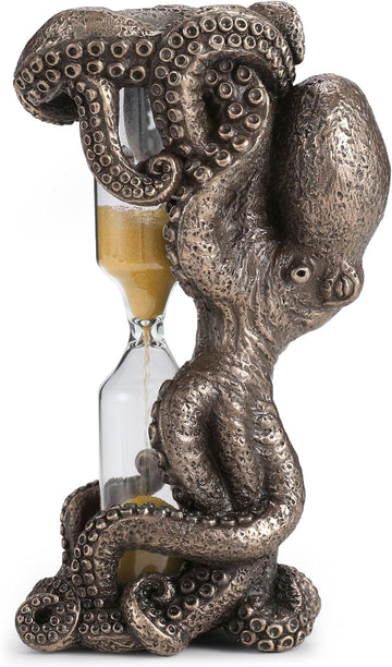 4 1/2 Inch Octopus Hourglass 5 Minutes Gold Colored Sand Timer Cold Cast Bronzed Resin Sculpture