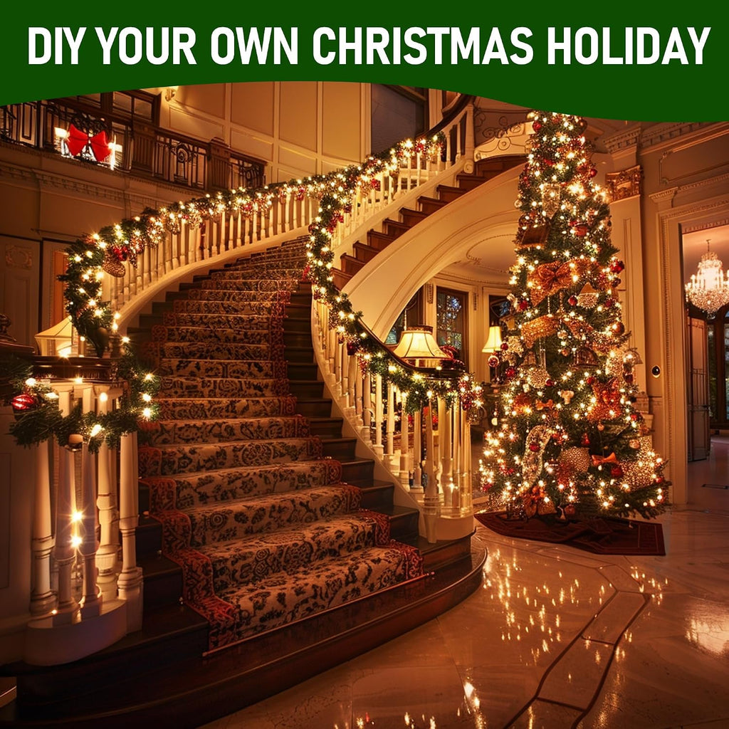 30 FT Pre-Lit Christmas Garland Decorations, 100 LED Lighted Artificial Pine Garlands with 8 Modes, Green Garland