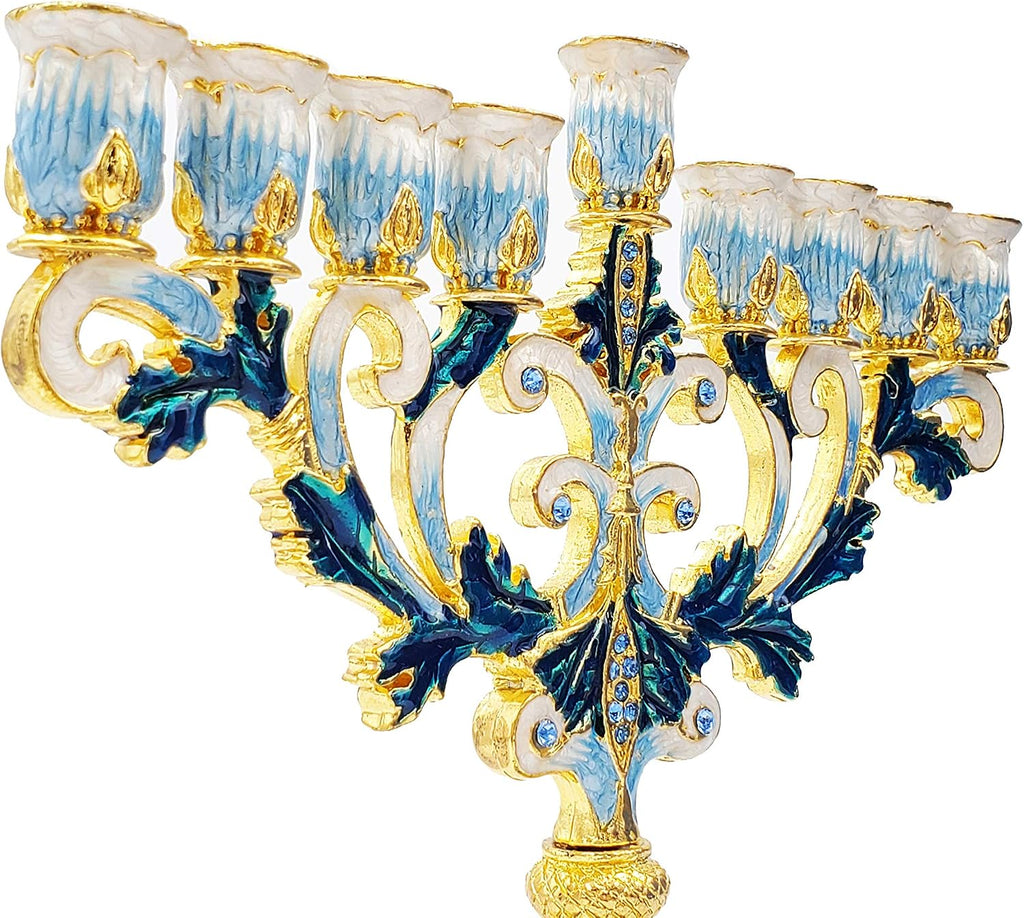 Hand-Painted Enamel Metal with Blue, White, Gold and Green Jeweled Accents, 6" Inches