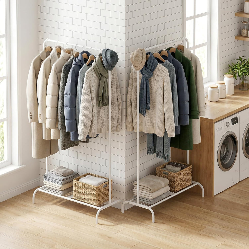 Small White Clothing Rack 2 Pack, Garment Rack No Wheels, Free Standing Clothes Rack with Bottom Shelf for Hanging