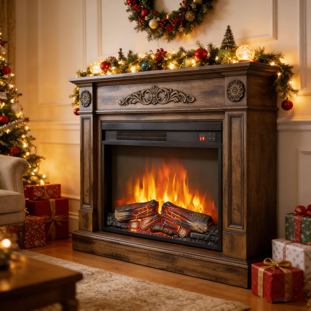 26" Electric Fireplace Insert, Realistic Flame & Logs, Fireplace Heater with Adjustable 4 Flame Brightness, Remote