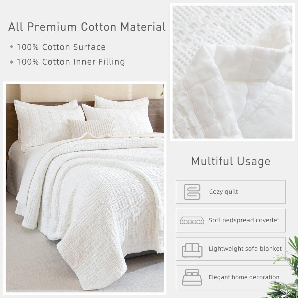 Cotton Quilt 110"x98", White Waffle Weave Bedspread, 3 Pieces Lightweight Ultra Soft Farmhouse