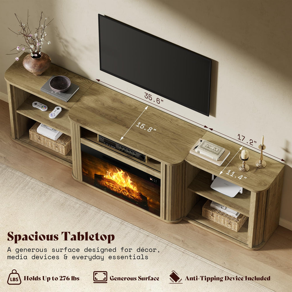 70" Fluted Electric Fireplace TV Stand, Mid Century Modern, Oak