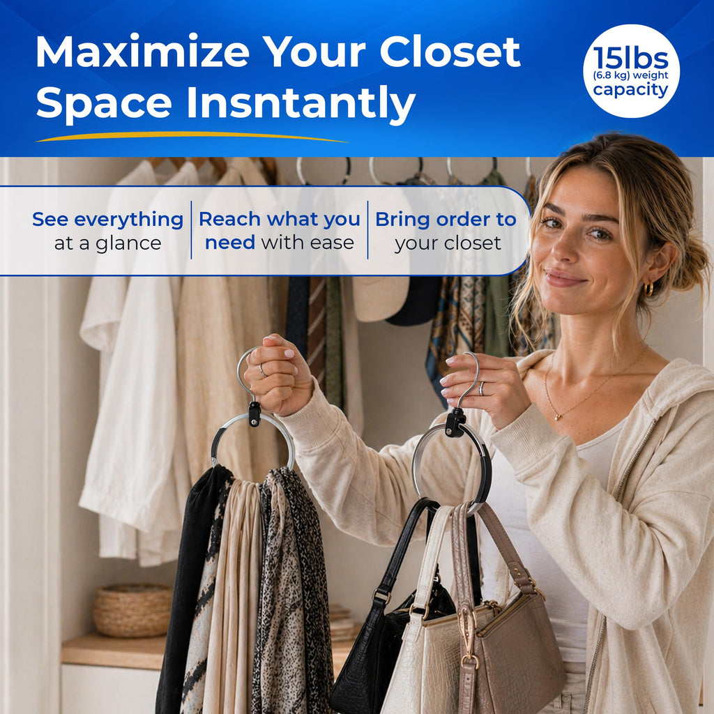 Rotating Closet Organizer, Aluminum Ring Accessory Hanger with 360° Swivel Hook & Spring Latch, Space Saving Holder