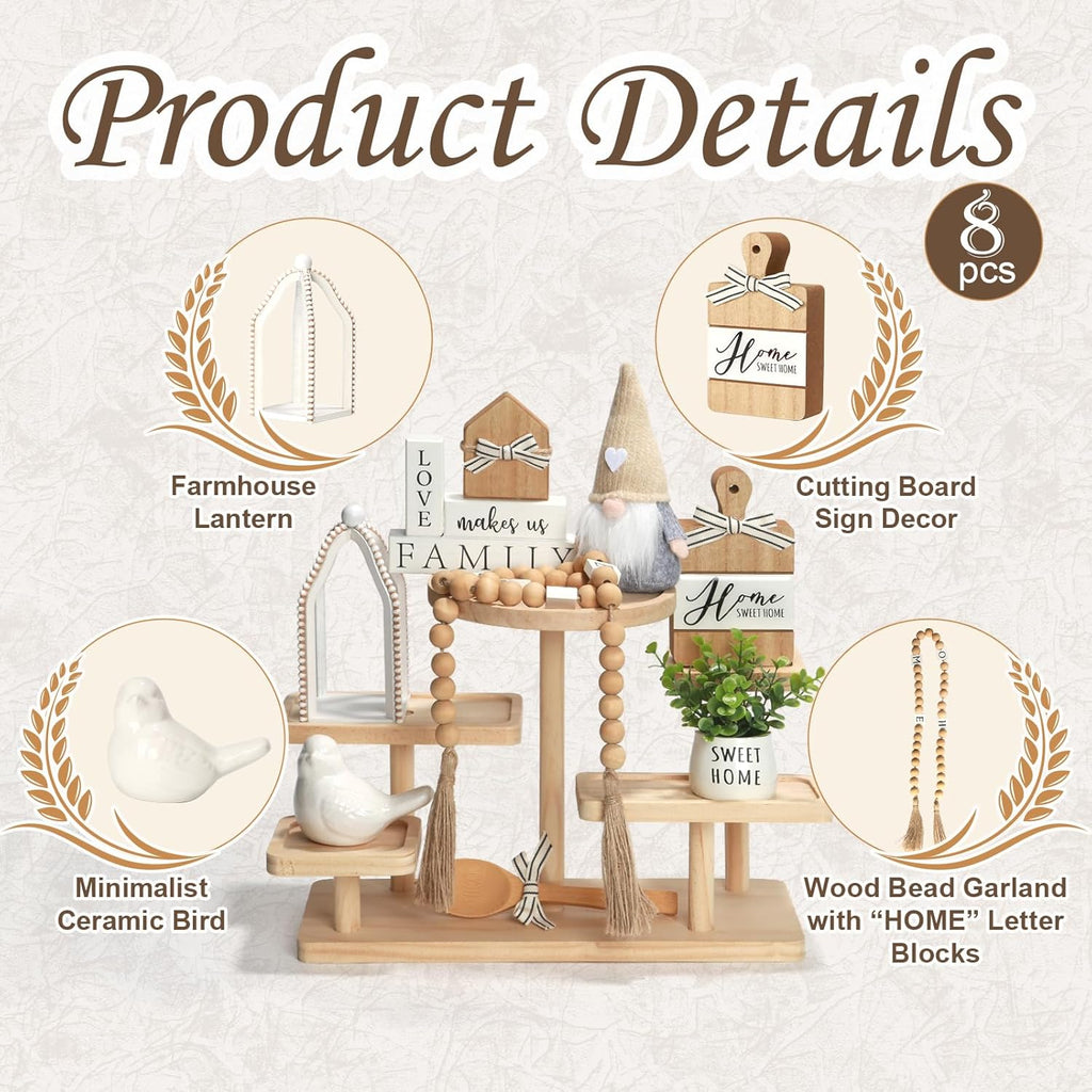 Farmhouse Tiered Tray Decor Set Sweet Home Tabletop Decorations - Set of 8