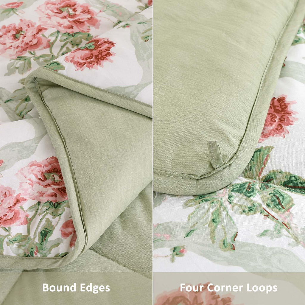 French Country Floral Cotton Queen Comforter Set 3 Piece - Blush Peony Botanical with Sage Leaves & Ribbon on White