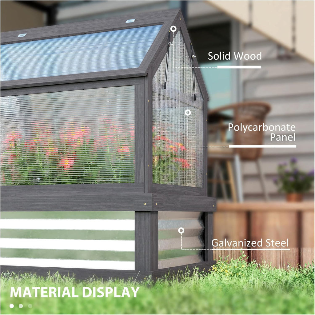 Raised Garden Bed with Greenhouse, Wooden Cold Frame Planter Kit, 35.5"x22.5"x38.25", Gray - Outdoor Plant Protector
